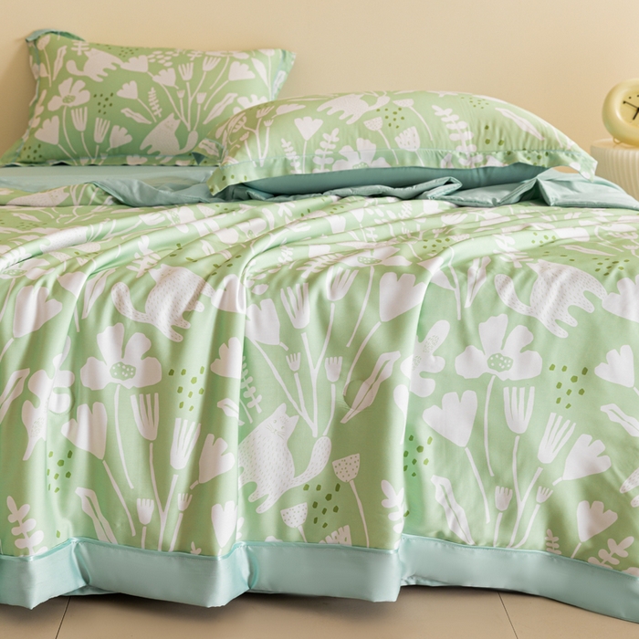 91家纺网 家纺一手货源 找家纺 2024新A类40S天丝莫代尔夏被四件套竹纤维凉感空调被卡通儿童夏凉被被子被芯摩卡猫-绿