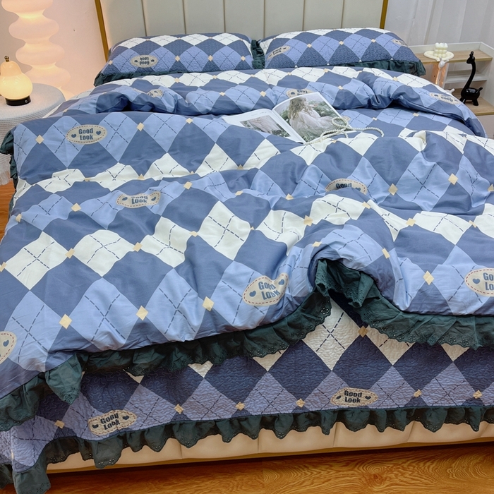 91家纺网 家纺一手货源 找家纺 暖居 2024新款砂洗棉花被套全棉床盖四件套绗缝夹棉纯棉床盖三件套 菱格蓝