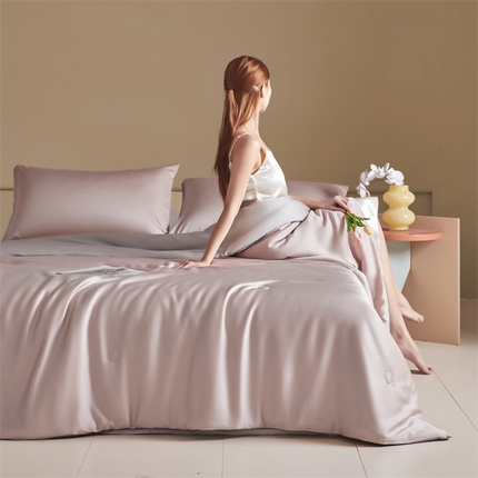 91家纺网 家纺一手货源 找家纺 佳汐蓝 2024新款高支高密兰精天丝纯色双拼夏被四件套 玉桂粉+椰子灰