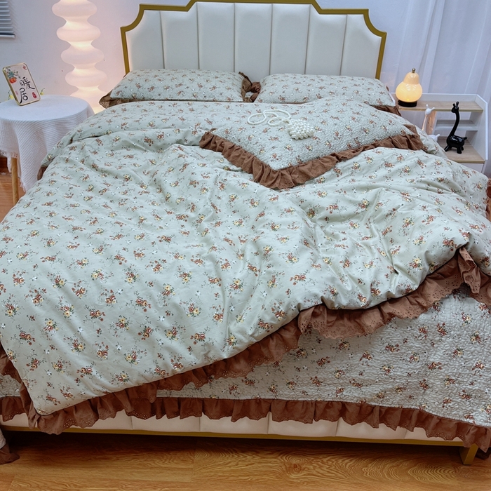 91家纺网 家纺一手货源 找家纺 暖居 2024新款砂洗棉花被套全棉床盖四件套绗缝夹棉纯棉床盖三件套 浅咖