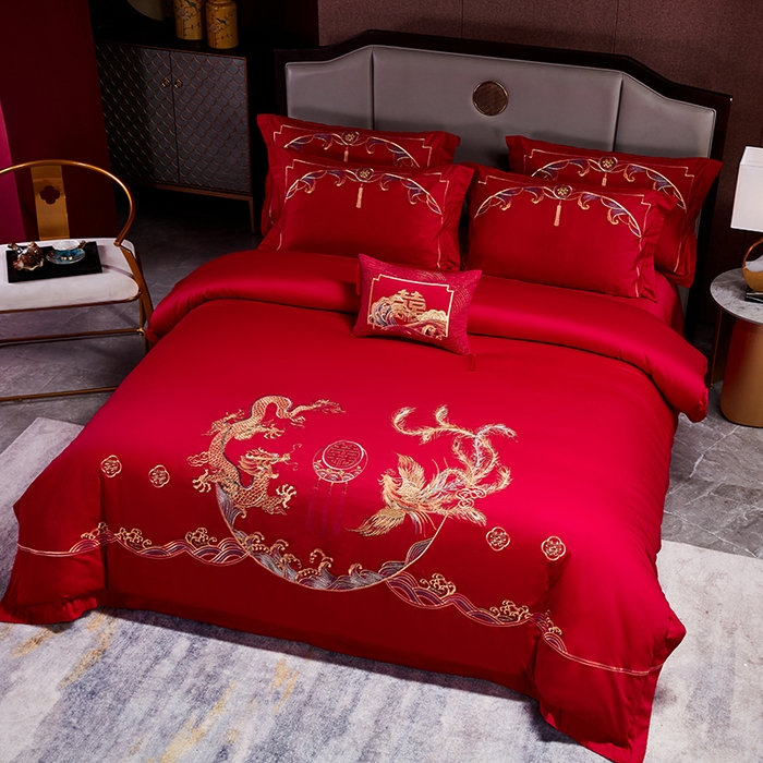 91家纺网 家纺一手货源 找家纺 晶缦家纺 2024纯棉全棉60支贡缎长绒棉刺绣花婚庆四件套--绣花贴边床单款 锦绣龙凤