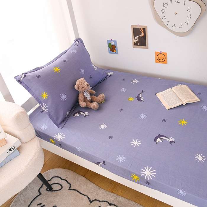 91家纺网 家纺一手货源 找家纺 茗婷家纺 2025新款13372全棉纯棉宿舍学生床笠 海豚语蓝