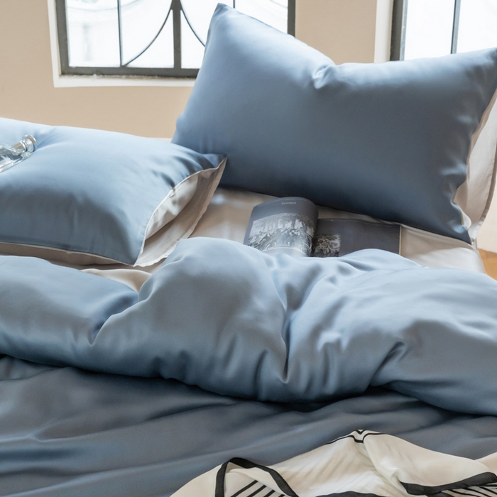 91家纺网 家纺一手货源 找家纺 佳汐蓝 2024新款AB版高支高密莱赛尔兰精天丝柔单被套 实拍图 柔-梵高蓝+椰子灰