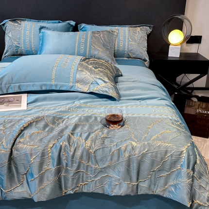 91家纺网 家纺一手货源 找家纺 宇航2025新款水洗真丝天丝立体浮雕绣花夏被四件套 羽叶—蓝灰
