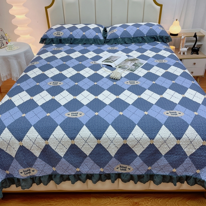 91家纺网 家纺一手货源 找家纺 暖居 2024新款砂洗棉花被套全棉床盖四件套绗缝夹棉纯棉床盖三件套 菱格蓝