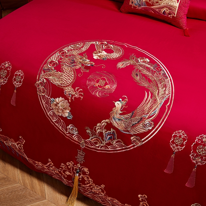 91家纺网 家纺一手货源 找家纺 晶缦家纺 2024纯棉全棉60支贡缎长绒棉刺绣花婚庆四件套--绣花贴边床单款 龙凤呈祥