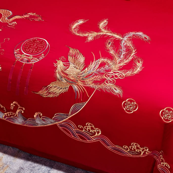 91家纺网 家纺一手货源 找家纺 晶缦家纺 2024纯棉全棉60支贡缎长绒棉刺绣花婚庆四件套--绣花贴边床单款 锦绣龙凤