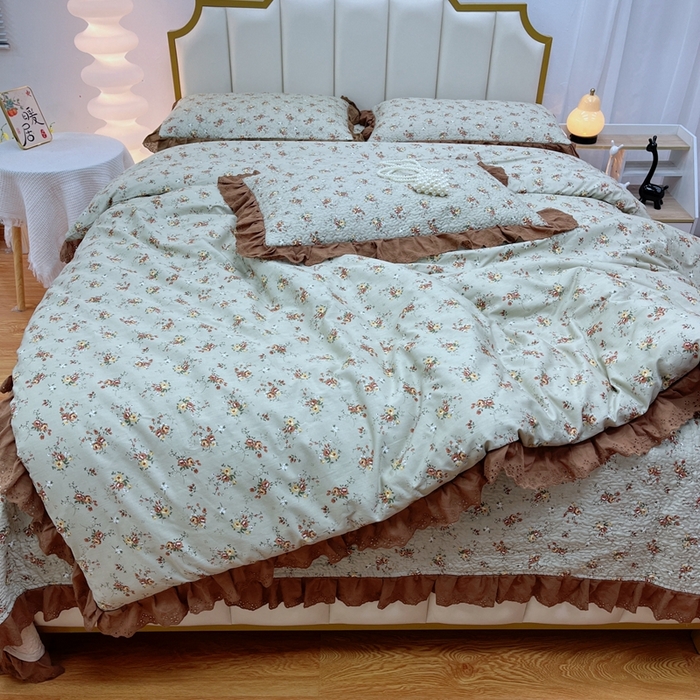 91家纺网 家纺一手货源 找家纺 暖居 2024新款砂洗棉花被套全棉床盖四件套绗缝夹棉纯棉床盖三件套 浅咖