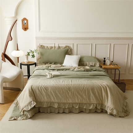 91家纺网 家纺一手货源 找家纺 有货 2024新款单层纱床盖夏被四件套-如意梅花 如意梅花-艾绿