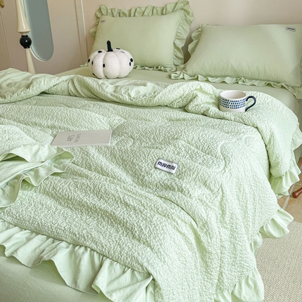 91家纺网 家纺一手货源 找家纺 仟网汇 2024新款韩版皱皱纱夏被四件套 果绿