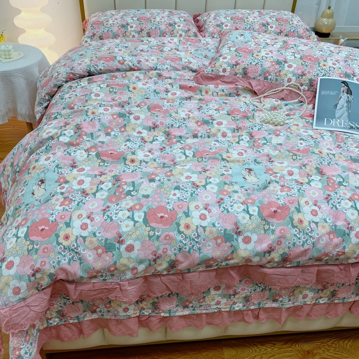 91家纺网 家纺一手货源 找家纺 暖居 2024新款砂洗棉花被套全棉床盖四件套绗缝夹棉纯棉床盖三件套 安娜公主