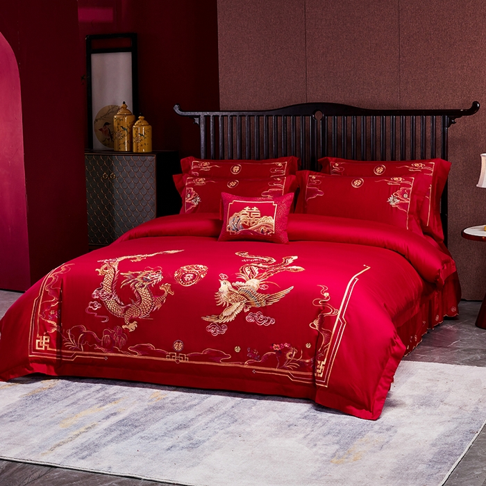 91家纺网 家纺一手货源 找家纺 晶缦家纺 2024纯棉全棉60支贡缎长绒棉刺绣花婚庆四件套--绣花贴边床单款 龙跃凤鸣
