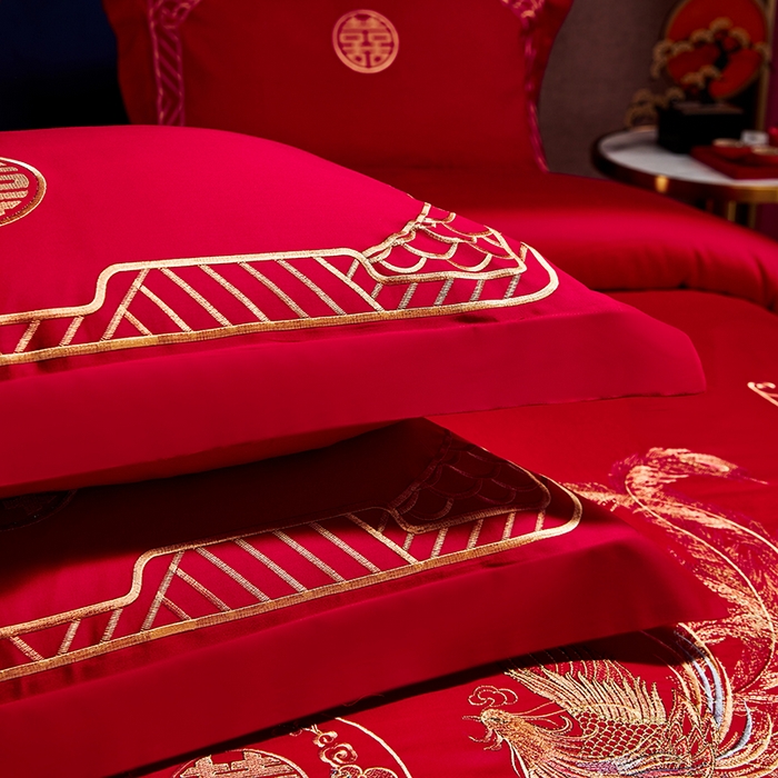 91家纺网 家纺一手货源 找家纺 晶缦家纺 2024纯棉全棉60支贡缎长绒棉刺绣花婚庆四件套--绣花贴边床单款 龙凤祥和