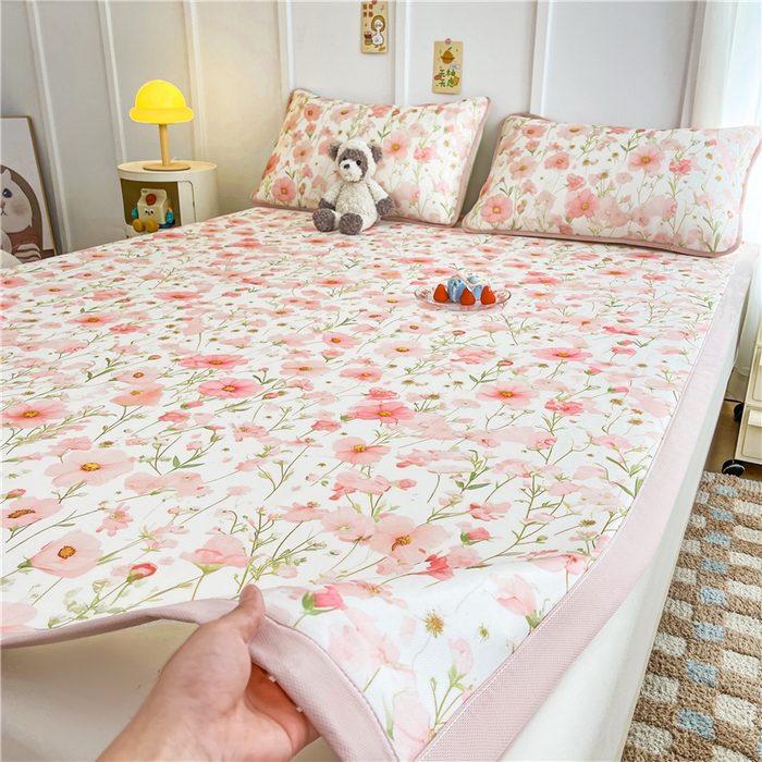 91家纺网 家纺一手货源 找家纺 喜居 2024新款A类凉感冰丝凉席 粉色小雏菊