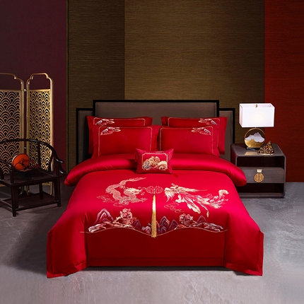 91家纺网 家纺一手货源 找家纺 2024新款喷气全棉13376刺绣花婚庆四件套斜纹纯棉大红婚庆床上用品六件套高档高档