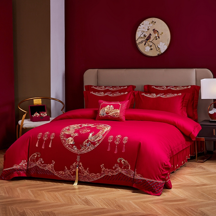 91家纺网 家纺一手货源 找家纺 晶缦家纺 2024纯棉全棉60支贡缎长绒棉刺绣花婚庆四件套--绣花贴边床单款 龙凤呈祥