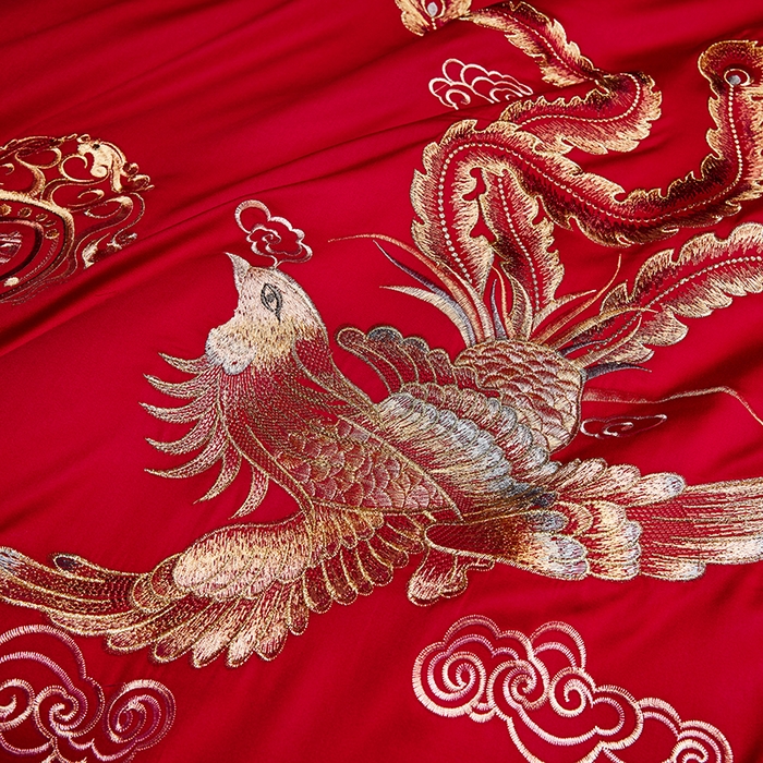 91家纺网 家纺一手货源 找家纺 晶缦家纺 2024纯棉全棉60支贡缎长绒棉刺绣花婚庆四件套--绣花贴边床单款 龙跃凤鸣