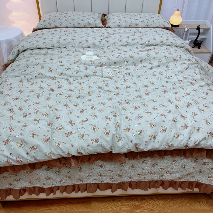 91家纺网 家纺一手货源 找家纺 暖居 2024新款砂洗棉花被套全棉床盖四件套绗缝夹棉纯棉床盖三件套 浅咖