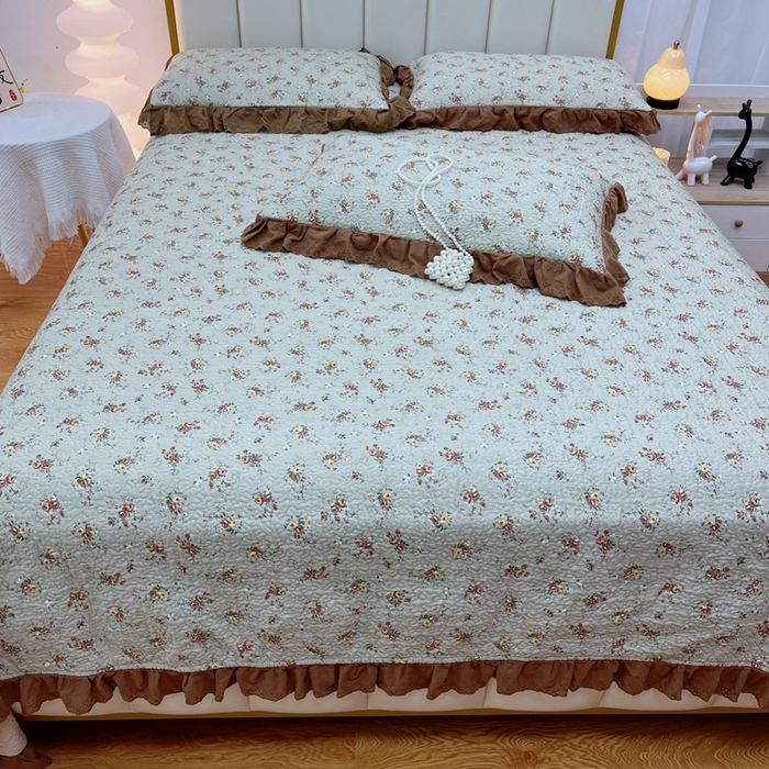 91家纺网 家纺一手货源 找家纺 暖居 2024新款砂洗棉花被套全棉床盖四件套绗缝夹棉纯棉床盖三件套 浅咖