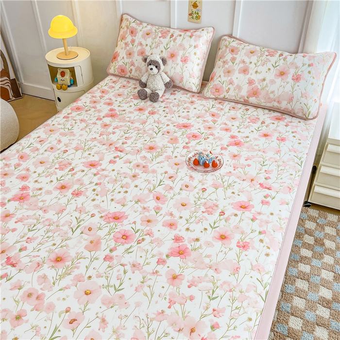 91家纺网 家纺一手货源 找家纺 喜居 2024新款A类凉感冰丝凉席 粉色小雏菊