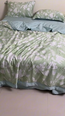 91家纺网 家纺一手货源 找家纺 2024新A类40S天丝莫代尔夏被四件套竹纤维凉感空调被卡通儿童夏凉被被子被芯摩卡猫-绿