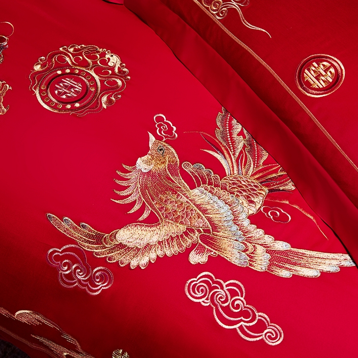 91家纺网 家纺一手货源 找家纺 晶缦家纺 2024纯棉全棉60支贡缎长绒棉刺绣花婚庆四件套--绣花贴边床单款 龙跃凤鸣