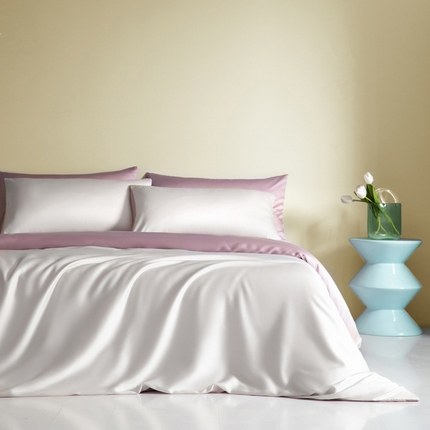 91家纺网 家纺一手货源 找家纺 佳汐蓝 2024新款AB版高支高密莱赛尔兰精天丝柔单被套 棚拍图 柔-流沙灰+千黛紫