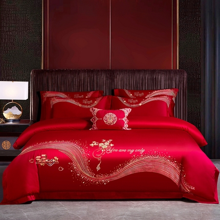 晶缦家纺 2024纯棉全棉60支贡缎长绒棉刺绣花婚庆四件套--绣花贴边床单款 心心相印