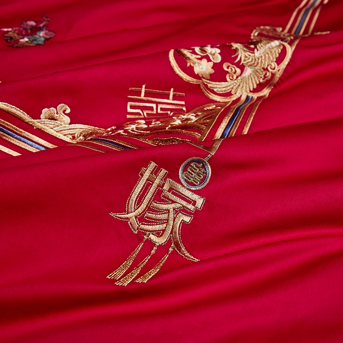 91家纺网 家纺一手货源 找家纺 晶缦家纺 2024喷气全棉13376纯棉刺绣花婚庆四件套系列 麒麟送子