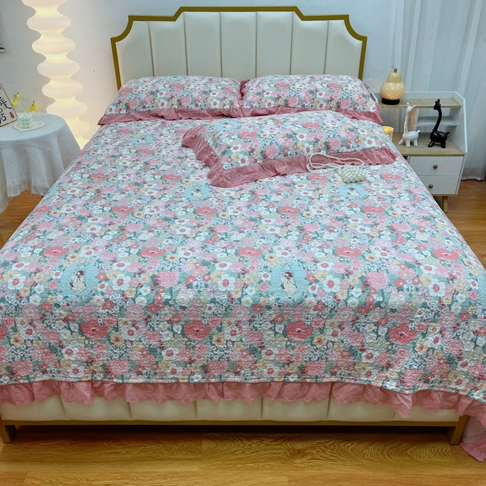 91家纺网 家纺一手货源 找家纺 暖居 2024新款砂洗棉花被套全棉床盖四件套绗缝夹棉纯棉床盖三件套 安娜公主