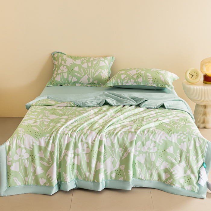 91家纺网 家纺一手货源 找家纺 2024新A类40S天丝莫代尔夏被四件套竹纤维凉感空调被卡通儿童夏凉被被子被芯摩卡猫-绿