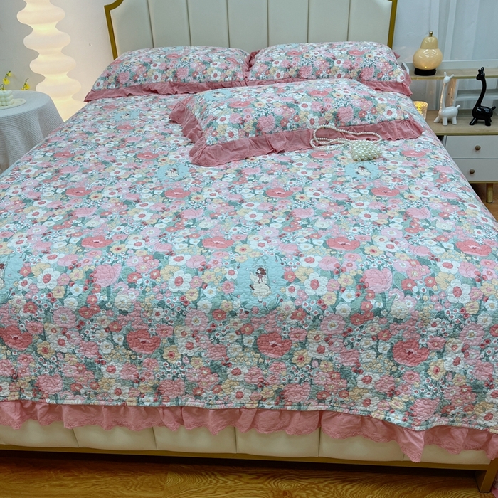 91家纺网 家纺一手货源 找家纺 暖居 2024新款砂洗棉花被套全棉床盖四件套绗缝夹棉纯棉床盖三件套 安娜公主