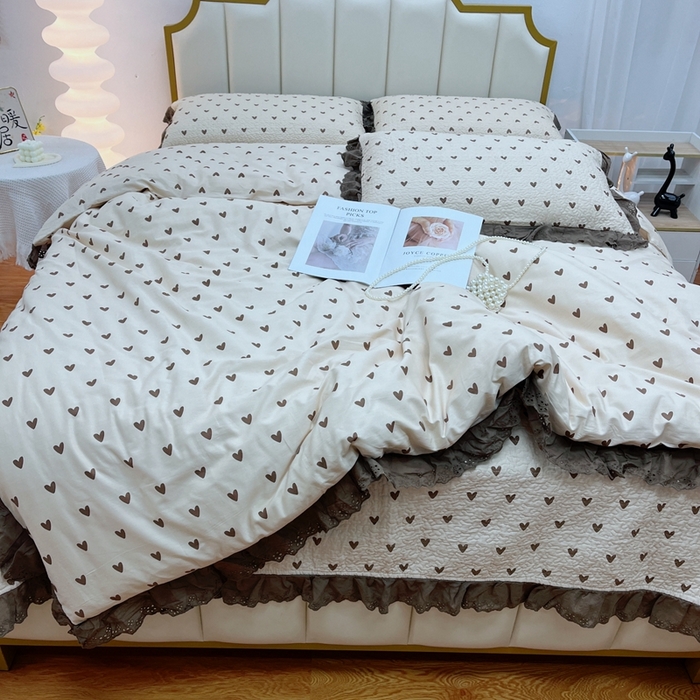 91家纺网 家纺一手货源 找家纺 暖居 2024新款砂洗棉花被套全棉床盖四件套绗缝夹棉纯棉床盖三件套 爱心卡
