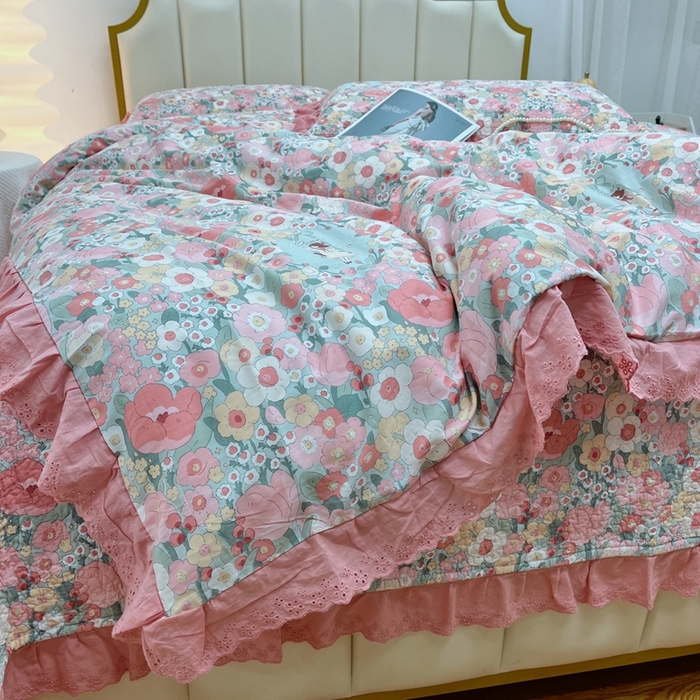 91家纺网 家纺一手货源 找家纺 暖居 2024新款砂洗棉花被套全棉床盖四件套绗缝夹棉纯棉床盖三件套 安娜公主