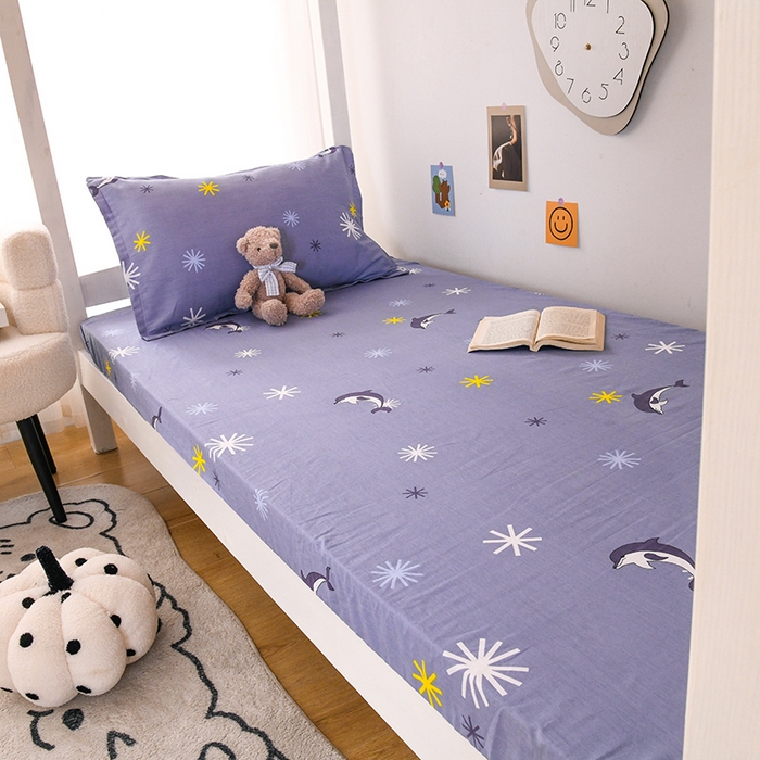 91家纺网 家纺一手货源 找家纺 茗婷家纺 2025新款13372全棉纯棉宿舍学生床笠 海豚语蓝