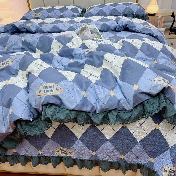 91家纺网 家纺一手货源 找家纺 暖居 2024新款砂洗棉花被套全棉床盖四件套绗缝夹棉纯棉床盖三件套 菱格蓝