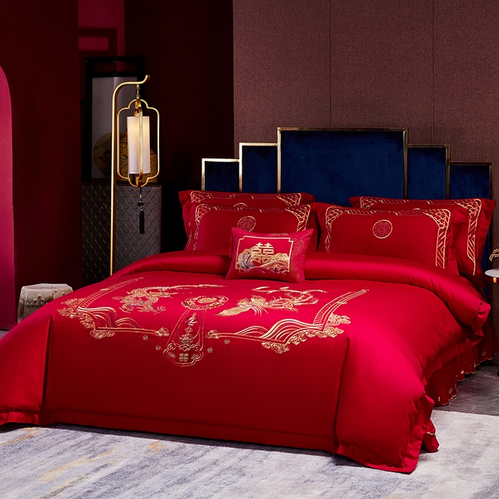 91家纺网 家纺一手货源 找家纺 晶缦家纺 2024纯棉全棉60支贡缎长绒棉刺绣花婚庆四件套--绣花贴边床单款 龙凤祥和