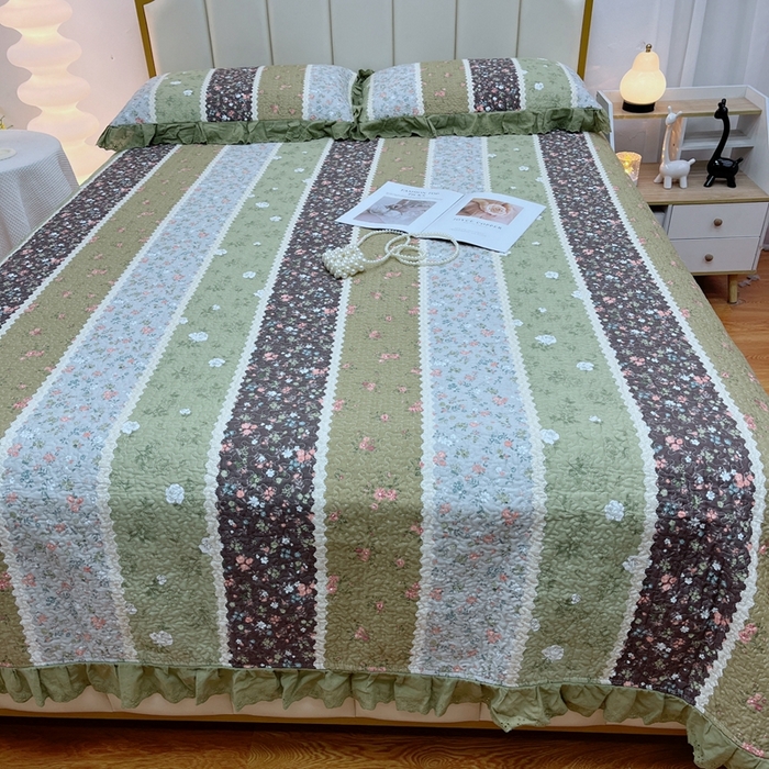 91家纺网 家纺一手货源 找家纺 暖居 2024新款砂洗棉花被套全棉床盖四件套绗缝夹棉纯棉床盖三件套 荷塘月色