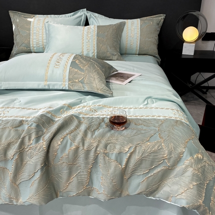 91家纺网 家纺一手货源 找家纺 宇航2025新款水洗真丝天丝立体浮雕绣花夏被四件套 羽叶—绿色