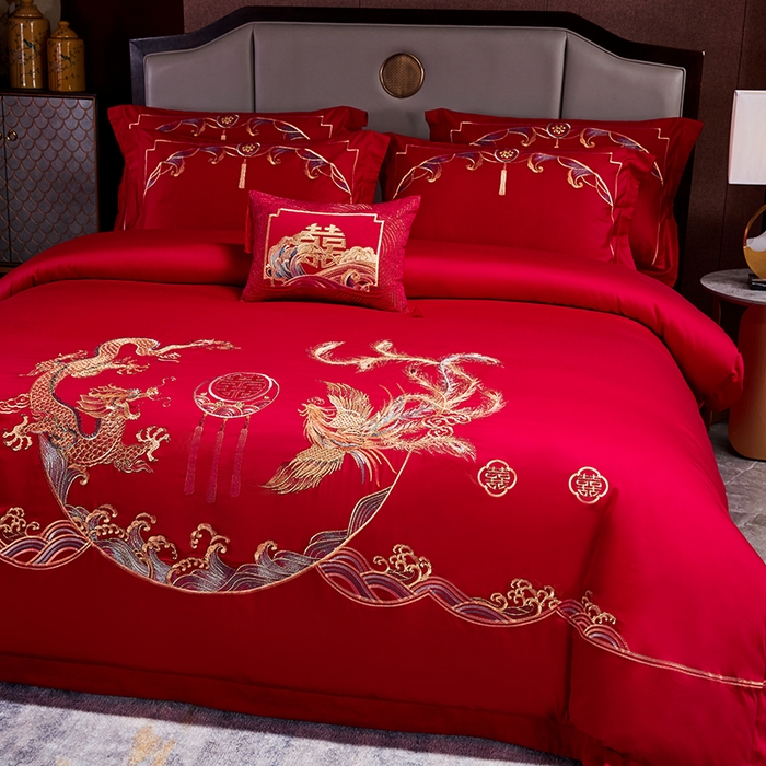 91家纺网 家纺一手货源 找家纺 晶缦家纺 2024纯棉全棉60支贡缎长绒棉刺绣花婚庆四件套--绣花贴边床单款 锦绣龙凤
