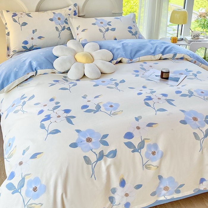 91家纺网 家纺一手货源 找家纺 珂博家纺 2024新款轻柔感全棉印花单品四件套系列-单床单单床笠 蓝色花海