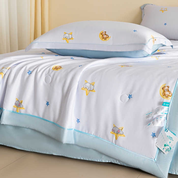91家纺网 家纺一手货源 找家纺 2024新A类40S天丝莫代尔夏被四件套竹纤维凉感空调被卡通儿童夏凉被被子被芯星星点灯-蓝
