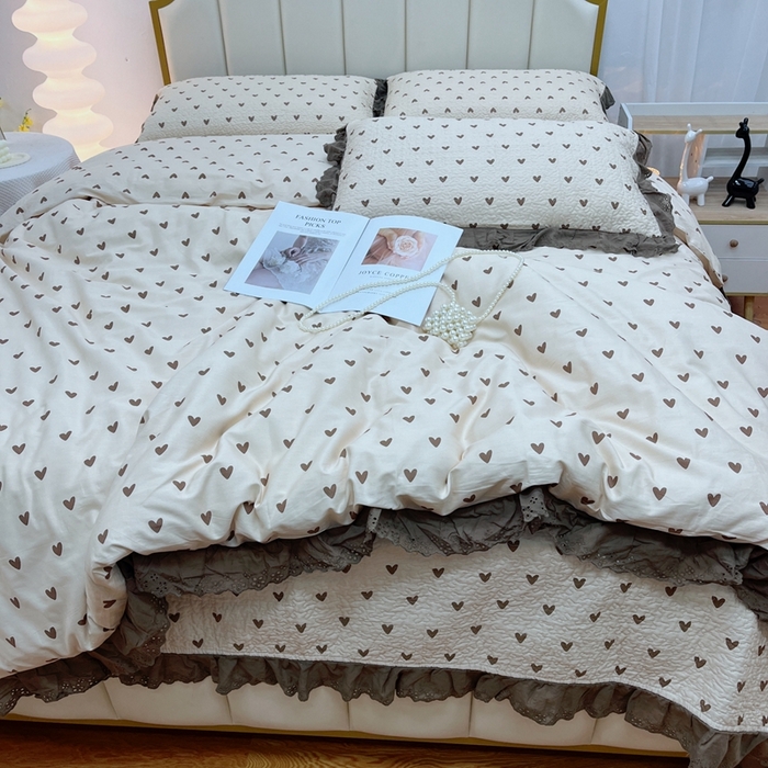 91家纺网 家纺一手货源 找家纺 暖居 2024新款砂洗棉花被套全棉床盖四件套绗缝夹棉纯棉床盖三件套 爱心卡