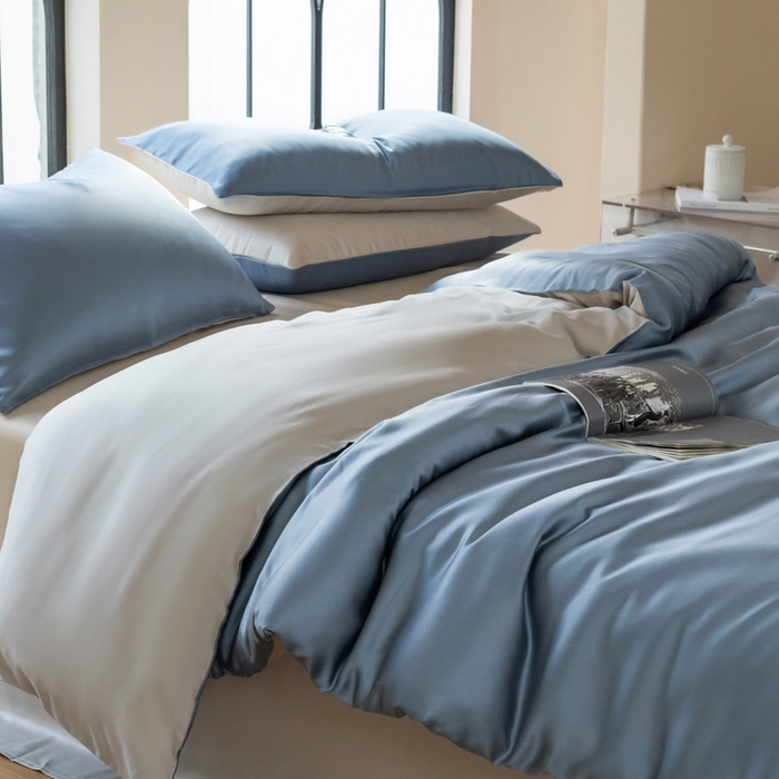 91家纺网 家纺一手货源 找家纺 佳汐蓝 2024新款AB版高支高密莱赛尔兰精天丝柔单被套 实拍图 柔-梵高蓝+椰子灰