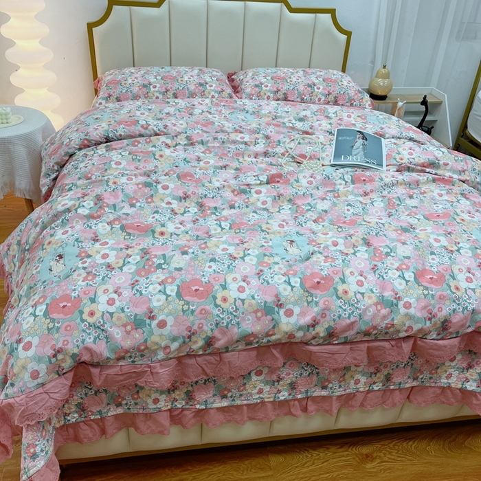 91家纺网 家纺一手货源 找家纺 暖居 2024新款砂洗棉花被套全棉床盖四件套绗缝夹棉纯棉床盖三件套 安娜公主