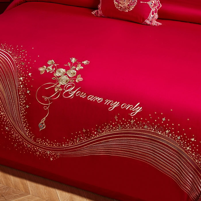 91家纺网 家纺一手货源 找家纺 晶缦家纺 2024纯棉全棉60支贡缎长绒棉刺绣花婚庆四件套--绣花贴边床单款 心心相印