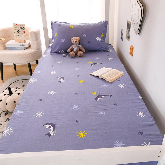 91家纺网 家纺一手货源 找家纺 茗婷家纺 2025新款13372全棉纯棉宿舍学生床笠 海豚语蓝