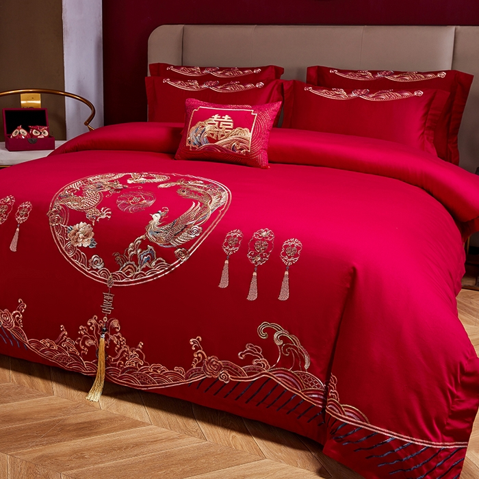 91家纺网 家纺一手货源 找家纺 晶缦家纺 2024纯棉全棉60支贡缎长绒棉刺绣花婚庆四件套--绣花贴边床单款 龙凤呈祥