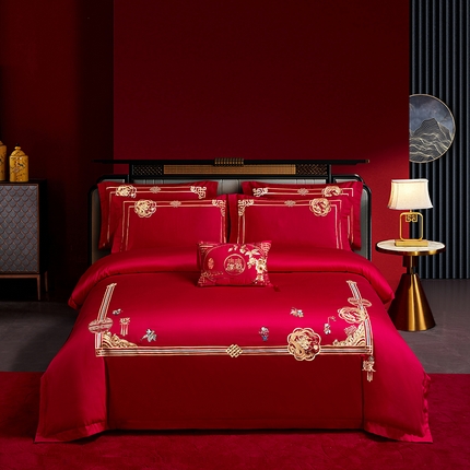 91家纺网 家纺一手货源 找家纺 2024新款喷气全棉13376刺绣花婚庆四件套斜纹纯棉大红婚庆床上用品六件套高档高档