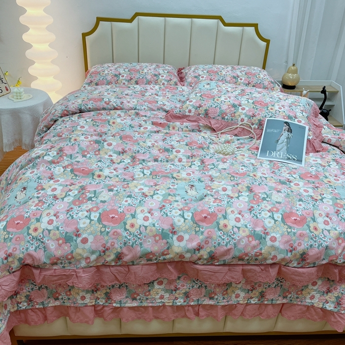 91家纺网 家纺一手货源 找家纺 暖居 2024新款砂洗棉花被套全棉床盖四件套绗缝夹棉纯棉床盖三件套 安娜公主